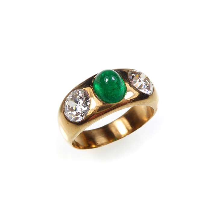 Antique cabochon emerald and diamond three stone gold ring